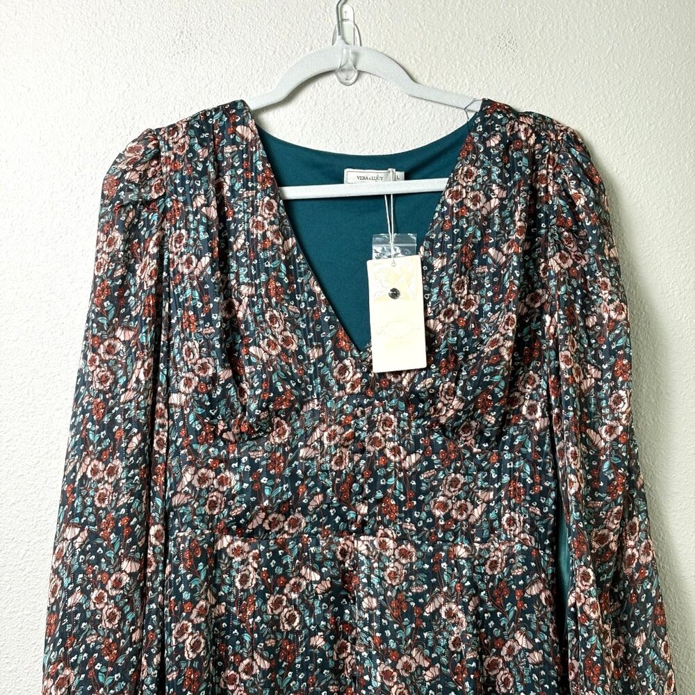 Vera & Lucy Midi Dress Womens L Blue Brown Floral V Neck Boho Gypsy NWT - Picture 2 of 12